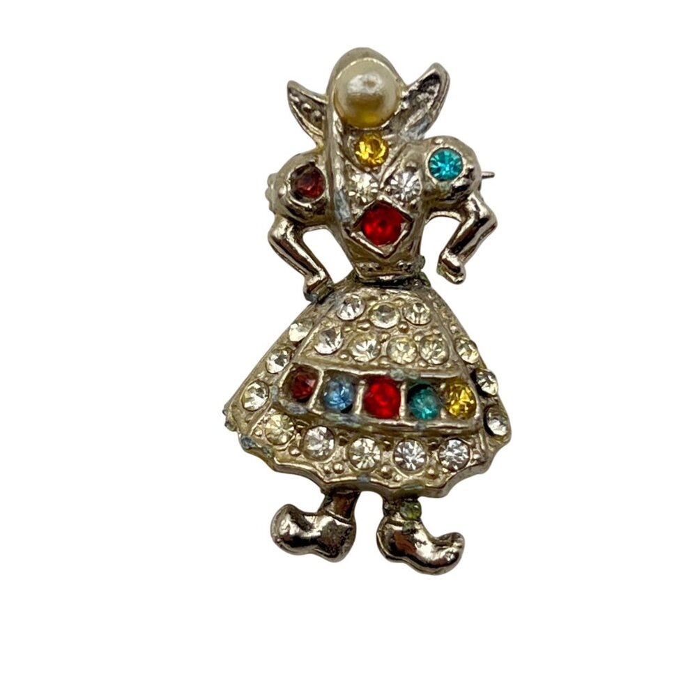 Vintage Articulated Rhinestone Folk Girl Brooch Clogs Figural 1950s Faux Pearl - Picture 1 of 13
